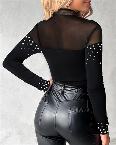 Kadın Uzun Kollu Yarı Balıkçı Tül Detaylı Yaka Incili Viskon Bluz