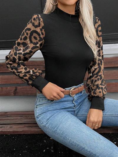 Kadın Uzun Kollu Yarı Balıkçı Yaka Leopar Detaylı Kaşkorse Bluz