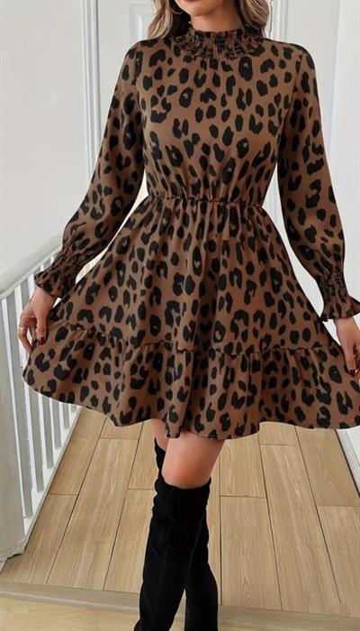 Kadın Uzun Kollu Yarı Balıkçı Yaka Leopar Desenli Modal Mini Elbise