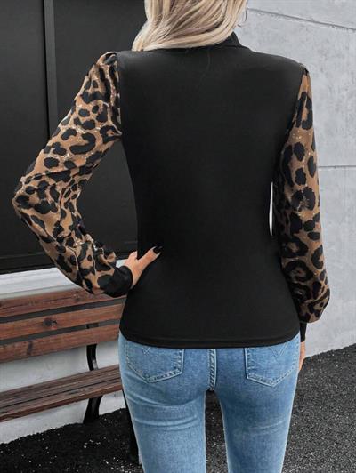Kadın Uzun Kollu Yarı Balıkçı Yaka Leopar Detaylı Kaşkorse Bluz