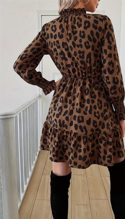 Kadın Uzun Kollu Yarı Balıkçı Yaka Leopar Desenli Modal Mini Elbise