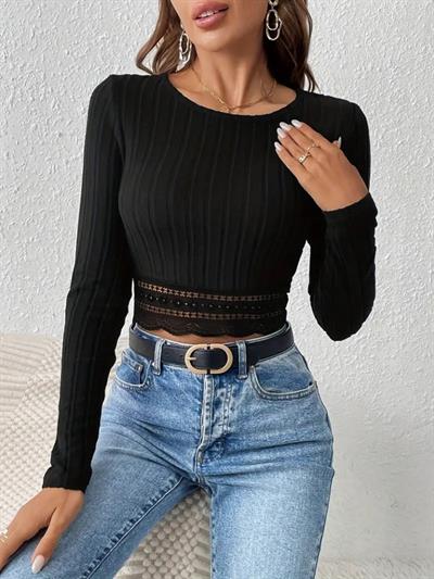 Kadın Uzun Kollu Yuvarlak Yaka Ribana Dantel Detay Kalın Fitilli Kaşkorse Krop Bluz