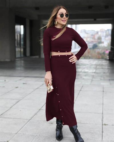 Kadın Uzun Kollu çıtçıtlı Viskon Krop Bluz Ve Yırtmaçlı Etek Istenildiğinde Elbise Olan Ikili Takım