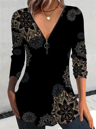 Kadın Uzun Kollu önden Fermuarlı Desenli Süprem Bluz