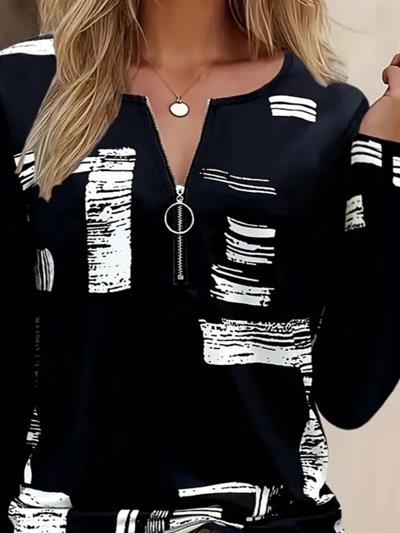 Kadın Uzun Kollu önden Fermuarlı Geometrik Desenli Süprem Bluz