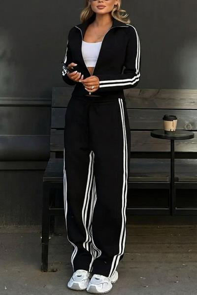 Kadın Uzun Kollu önden Fermuarlı Kısa Viskon Iki Iplik Bluz Ve Pantolon Ikili Takım