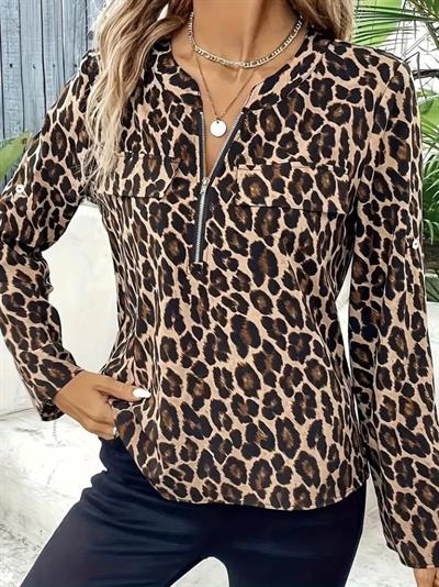 Kadın Uzun Kollu önden Fermuarlı Leopar Desenli Modal Bluz