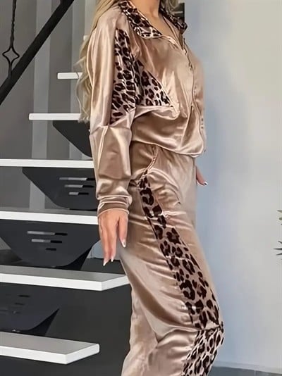 Kadın Uzun Kollu önden Fermuarlı Leopar Detaylı Kadife Bal Köpüğü Bluz Ve Pantolon Ikili Takım