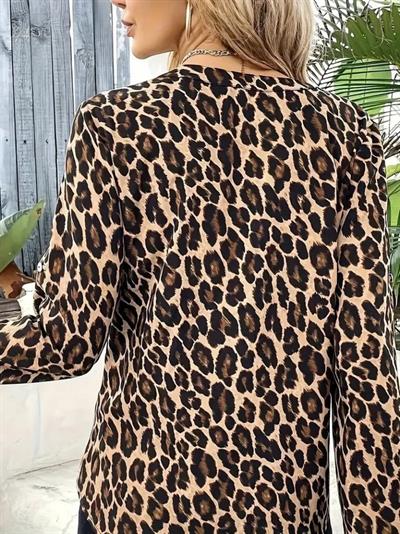 Kadın Uzun Kollu önden Fermuarlı Leopar Desenli Modal Bluz