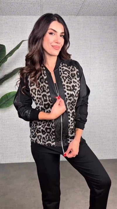 Kadın Uzun Kollu önden Fermuarlı Leopar Desenli Viskon Iki Iplik Bluz Ve Pantolon Ikili Takım