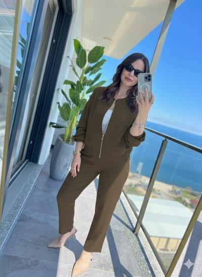 Kadın Uzun Kollu önden Fermuarlı Modal Ceket Ve Pantolon Ikili Takım