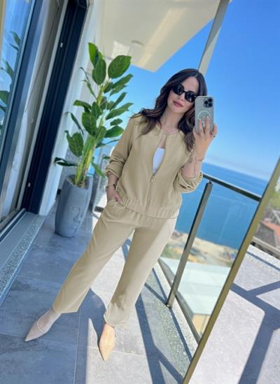 Kadın Uzun Kollu önden Fermuarlı Modal Ceket Ve Pantolon Ikili Takım