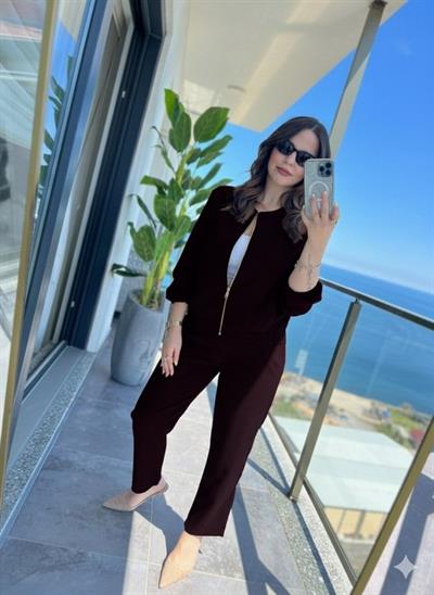 Kadın Uzun Kollu önden Fermuarlı Modal Ceket Ve Pantolon Ikili Takım