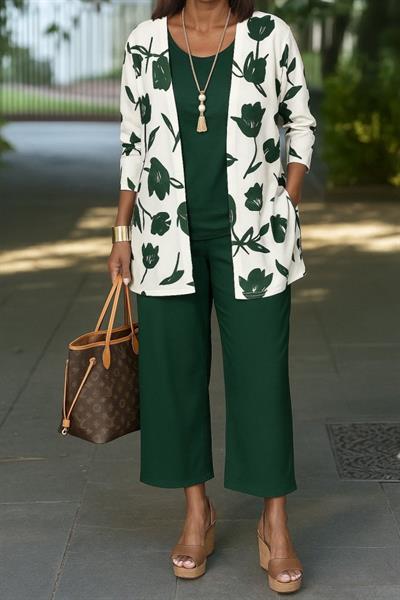 Kadın Uzun Kollu önü Açık Modal Ceket Kolsuz Viskon Iki Iplik Bluz Ve Pantolon üçlü Takım