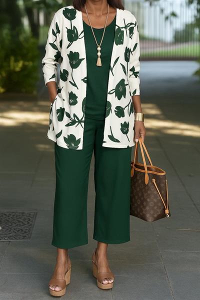 Kadın Uzun Kollu önü Açık Modal Ceket Kolsuz Viskon Iki Iplik Bluz Ve Pantolon üçlü Takım