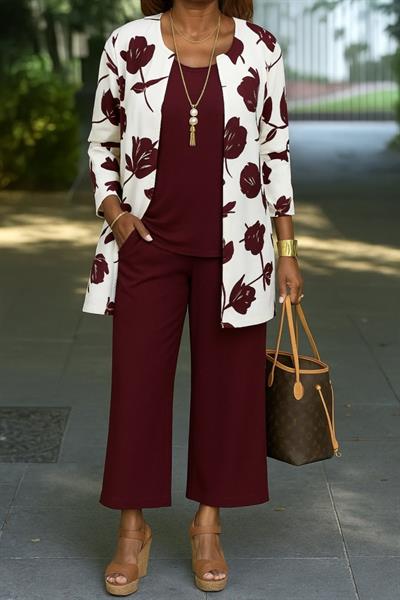 Kadın Uzun Kollu önü Açık Modal Ceket Kolsuz Viskon Iki Iplik Bluz Ve Pantolon üçlü Takım