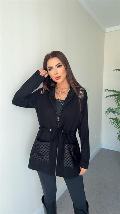 Kadın Uzun Kollu önü Fermuarlı File Detaylı Belden Bağcıklı Kısa Modal Ceket