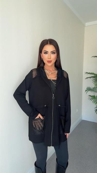 Kadın Uzun Kollu önü Fermuarlı File Detaylı Belden Bağcıklı Kısa Modal Ceket