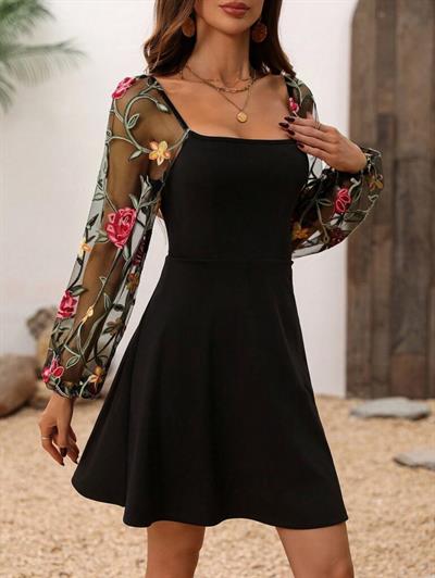 Kadın Uzun Kollu şeffaf çiçek Işlemeli Kare Yakalı Ithal Krep Elbise