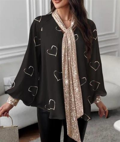 Kadın V Yaka Kalp Baskılı Fular Dahil Fırsat ürün Salaş Bluz