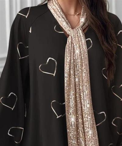 Kadın V Yaka Kalp Baskılı Fular Dahil Fırsat ürün Salaş Bluz