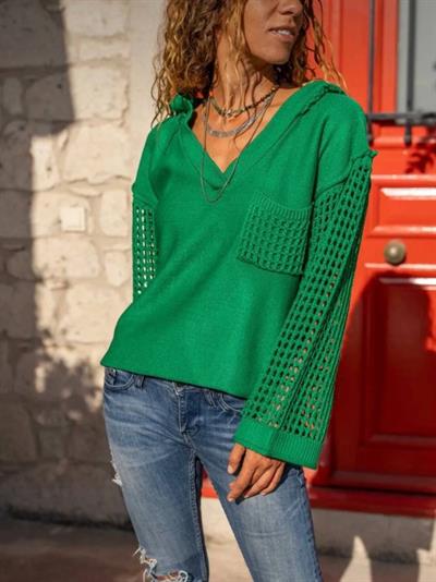 Kadın V Yaka Kuş Gözü Kol Detay Salaş Triko Bluz
