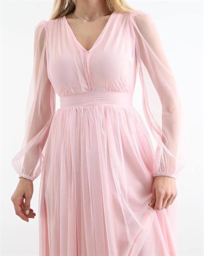 Kadın V Yaka Midi Boy Astarlı Tül Elbise