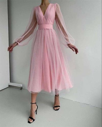 Kadın V Yaka Midi Boy Astarlı Tül Elbise