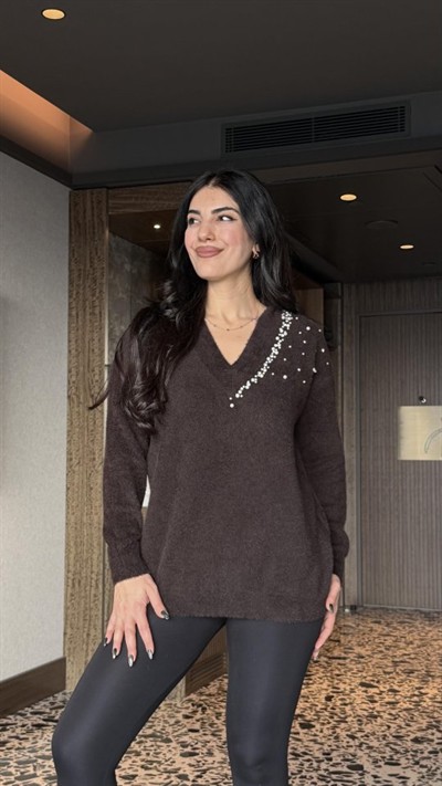 Kadın V Yaka Uzun Kollu Inci Detay Triko Bluz