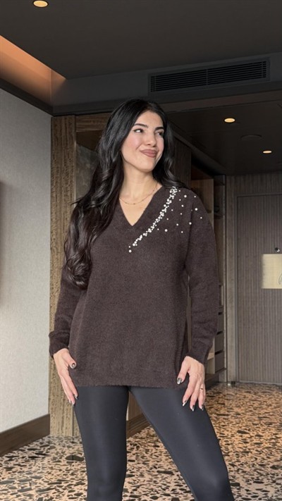 Kadın V Yaka Uzun Kollu Inci Detay Triko Bluz