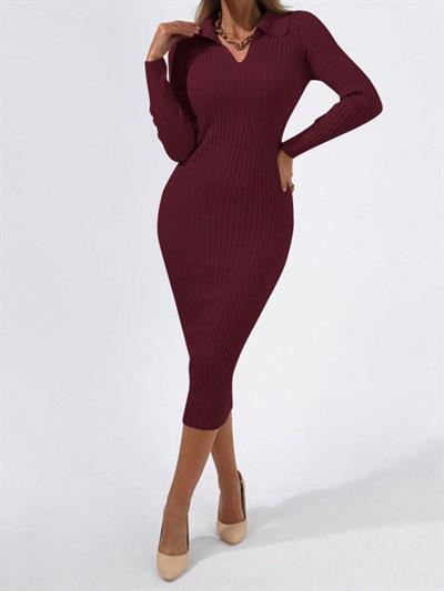 Kadın V Yakauzun Kollu Midiboy Triko Elbise