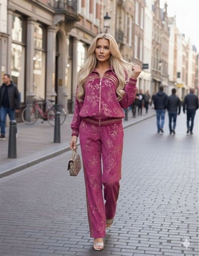 Kadın Varak Baskılı Kadife Kumaş Hırka Ve Pantolon Ikili Takım