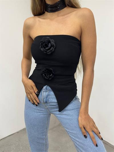 Kadın Viskon Kumaş Gül Detaylı Kolsuz Bluz