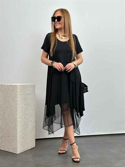 Kadın Viskon Kumaş Tül Detaylı Asimetrik Elbise