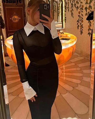 Kadın Yaka Ve Manşet Detay Full Tranparan Tül Elbise