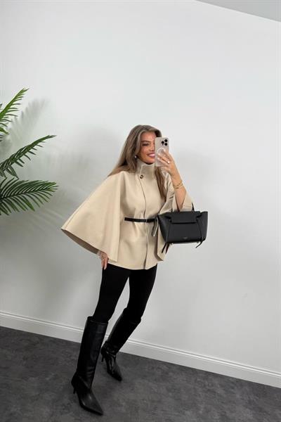 Kadın Yara Kol Balıkçı Yaka Kemer Dahil Kaşe Kaban