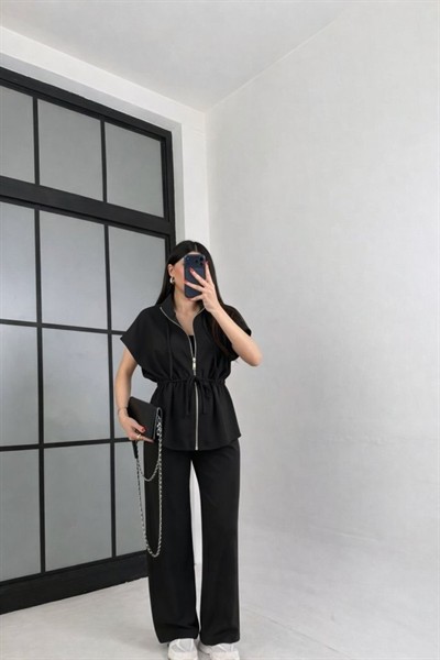 Kadın Yarasa Kol Fermuar Ve Lastikli Bağcık Detay Ceket Pantolon Ikili Takım