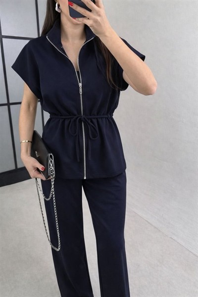 Kadın Yarasa Kol Fermuar Ve Lastikli Bağcık Detay Ceket Pantolon Ikili Takım