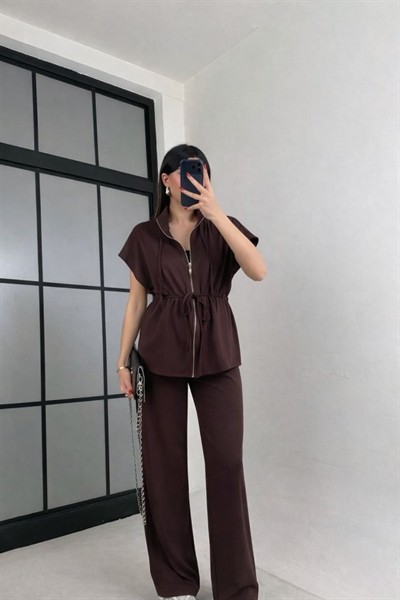 Kadın Yarasa Kol Fermuar Ve Lastikli Bağcık Detay Ceket Pantolon Ikili Takım