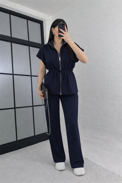 Kadın Yarasa Kol Fermuar Ve Lastikli Bağcık Detay Ceket Pantolon Ikili Takım