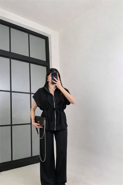 Kadın Yarasa Kol Fermuar Ve Lastikli Bağcık Detay Ceket Pantolon Ikili Takım