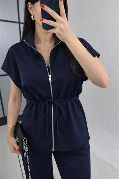 Kadın Yarasa Kol Fermuar Ve Lastikli Bağcık Detay Ceket Pantolon Ikili Takım