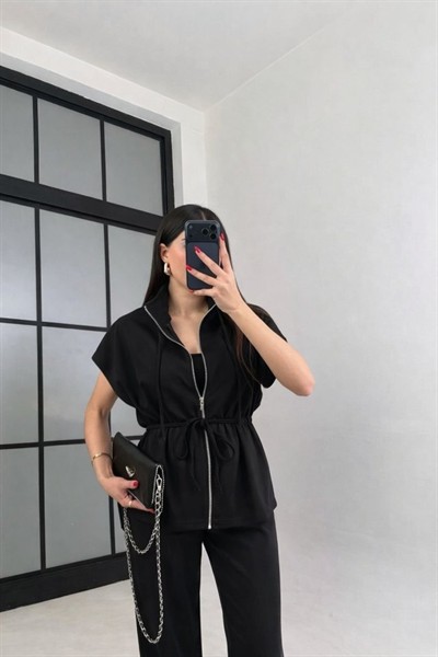 Kadın Yarasa Kol Fermuar Ve Lastikli Bağcık Detay Ceket Pantolon Ikili Takım