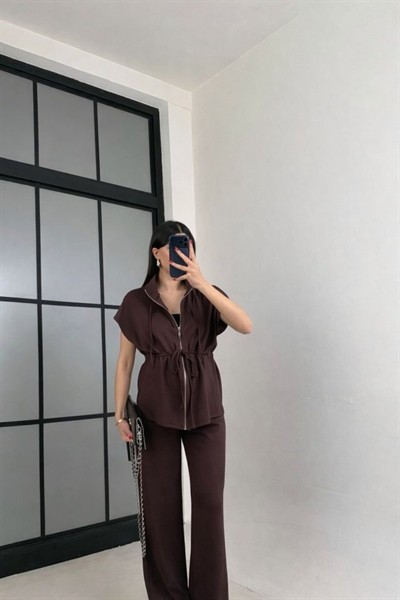 Kadın Yarasa Kol Fermuar Ve Lastikli Bağcık Detay Ceket Pantolon Ikili Takım