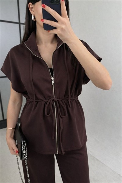 Kadın Yarasa Kol Fermuar Ve Lastikli Bağcık Detay Ceket Pantolon Ikili Takım