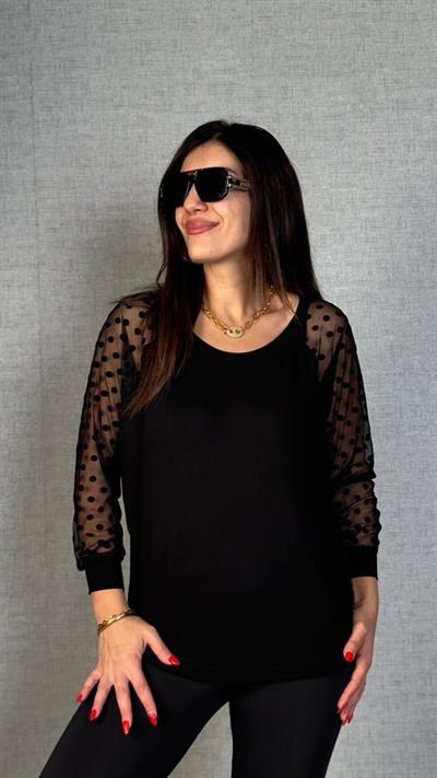Kadın Yarasa Kol Puantiyeli Tül Detay Bluz