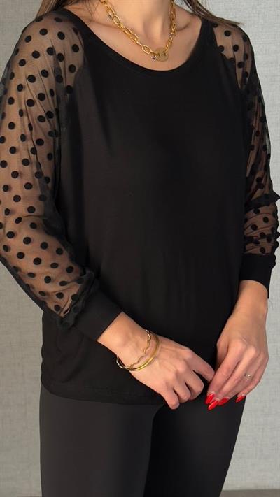 Kadın Yarasa Kol Puantiyeli Tül Detay Bluz