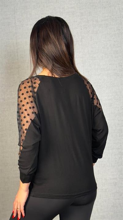 Kadın Yarasa Kol Puantiyeli Tül Detay Bluz