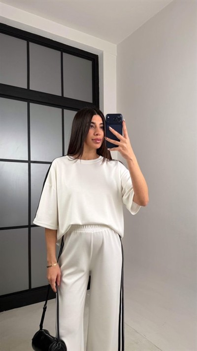 Kadın Yarasa Kol Yanları şerit Detay Modal Kumaş Ikili Takım