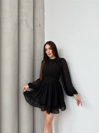 Kadın Yarım Balıkçı Yaka Kolları Transparan Astarlı Full şifon Elbise